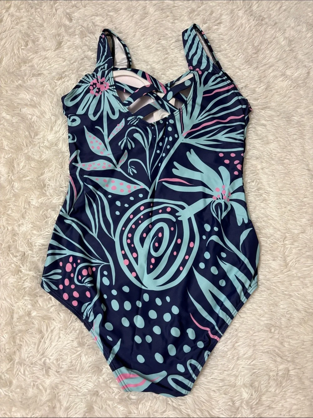 NEW Zando Navy Blue Printed One Piece Swimsuit Criss Cross Back Size M